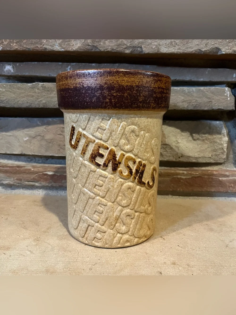Vintage Pottery Craft Utensils Stoneware Holder in Beige and Brown